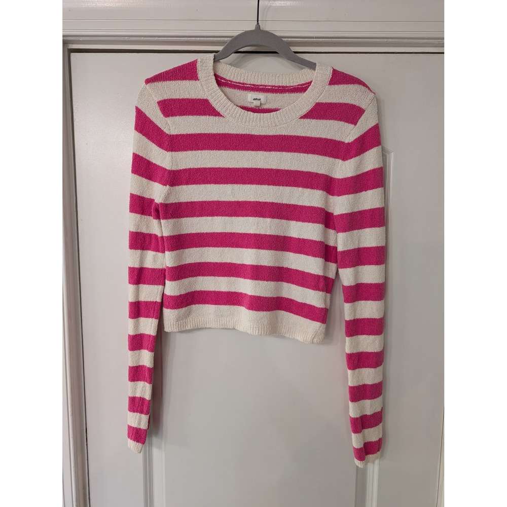 Aerie Pink Cream Striped Cropped Open Back Twist Hem Sweater Large beachy